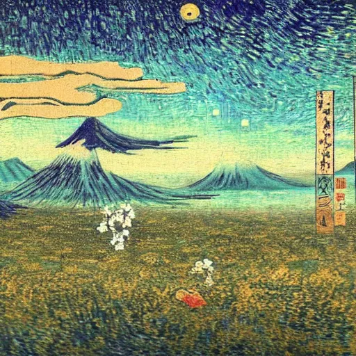 Prompt: japanese landscape, temple, mountains in distance, lake with japanese creatures in front, that looks like a van gogh painting
