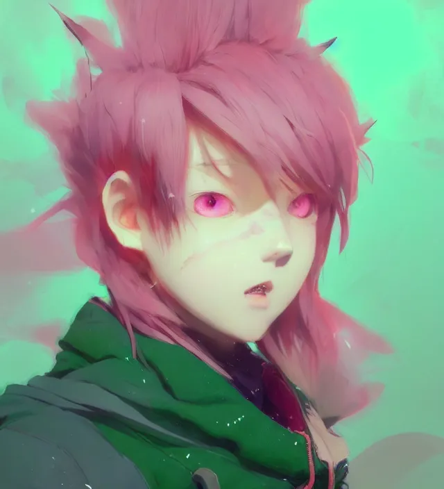 Image similar to a beautiful portrait of a cute anime boy with pink hair wearing a green hoodie. character design by cory loftis, fenghua zhong, ryohei hase, ismail inceoglu and ruan jia. artstation, volumetric light, detailed, photorealistic, fantasy, rendered in octane