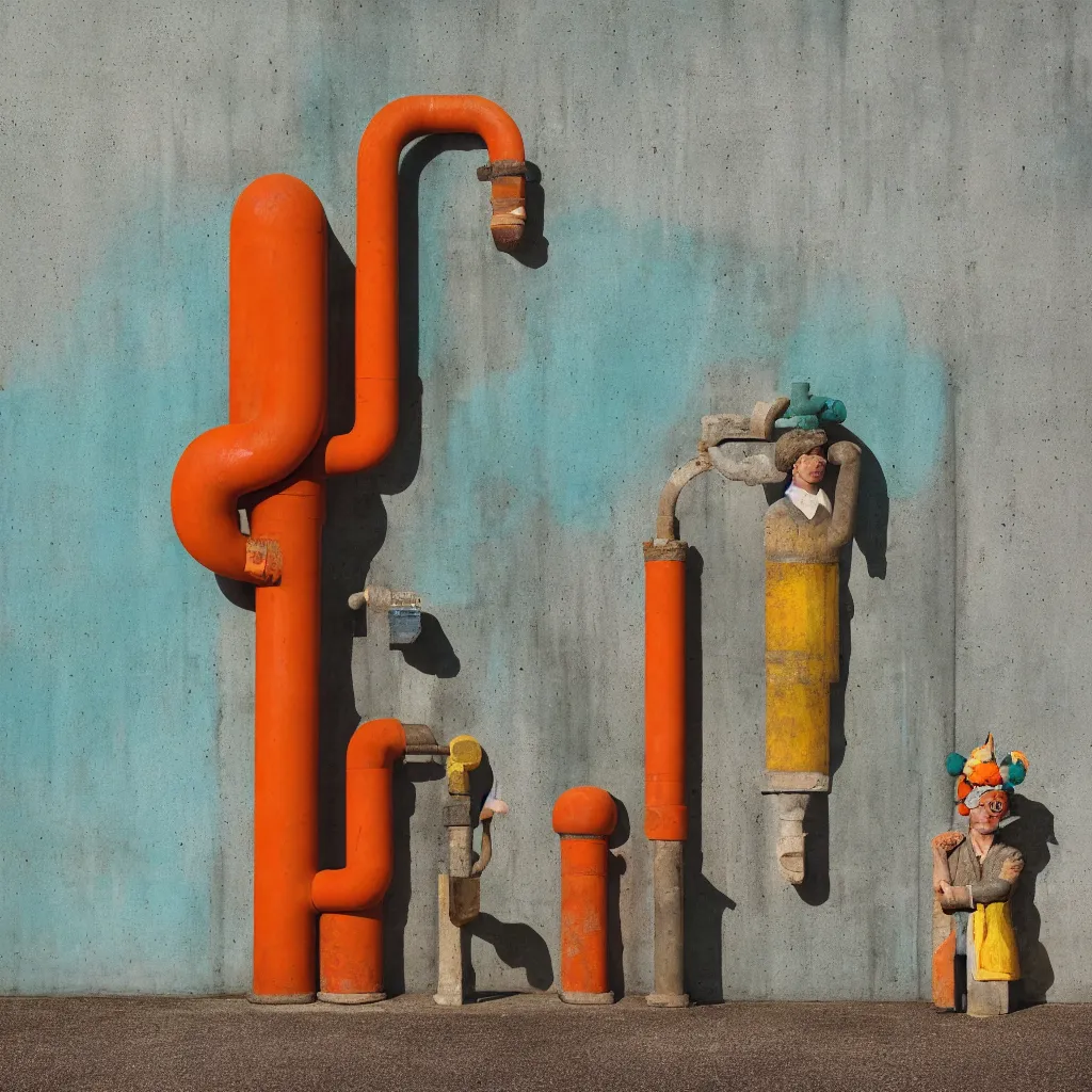 Image similar to kodak portra 4 0 0, 8 k, shot of a highly detailed, britt marling style, colour still - life portrait of a large pipe organ, rough concrete walls, a single rough carved wooden teal and orange striped coloured statue is standing on a concrete podest with a yellow crown on his head, muted colours