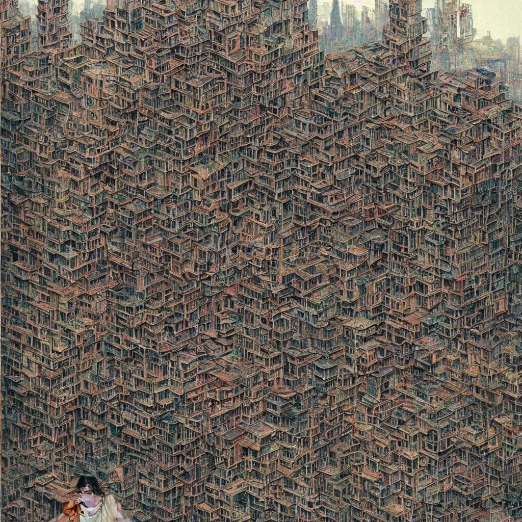 Image similar to woman in a dress shaped like the kowloon walled city by james gurney