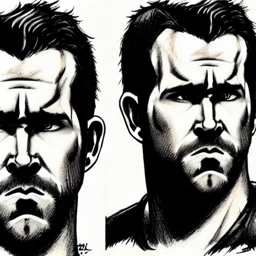 Prompt: Ryan Reynolds, artstation, concept art, sharp focus, illustration in pen an ink, by  Kentaro Miura