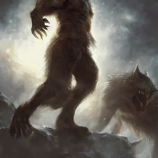 Prompt: Werewolf, epic scene, paint by Raymond Swanland