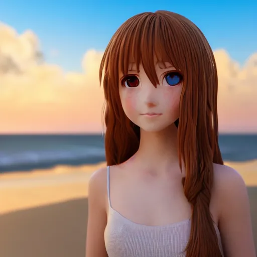 Image similar to Render of a very beautiful 3d anime girl, long hair, hazel eyes, cute freckles, full round face, short smile, cute sundress, golden hour, serene beach setting, medium shot, mid-shot, highly detailed, trending on Artstation, Unreal Engine 4k