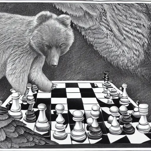 Prompt: bear playing chess against a peacock, drawing by mc escher, hyper realistic, realistic drawing, 8 k