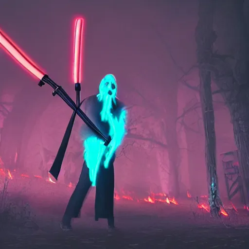 Image similar to a neon grim reaper in hells graveyard, amazing fire art, ray tracing, realistic fire sharp focus, long shot, 8 k resolution, cinematic