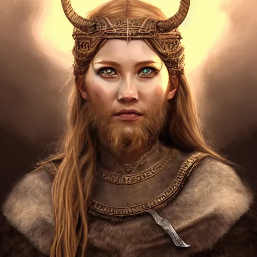 Image similar to portrait of a viking, woman, epic fantasy, detailed, intricate, digital painting, concept art, realistic, smooth, focus, rim light