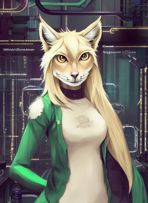 Image similar to beautiful portrait commission of a cute female furry anthro Canadian Lynx fursona casual clothes in a futuristic mechanical laboratory. blonde hair. Green Eyes. character design by charlie bowater, ross tran, artgerm, and makoto shinkai, detailed, inked, western comic book art