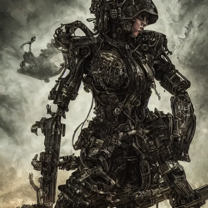Image similar to apocalyptic woman attached to machine weaponry, hyper - detailed, smooth, sharp focus, 4 k ultra hd, fantasy dark art, apocalyptic art
