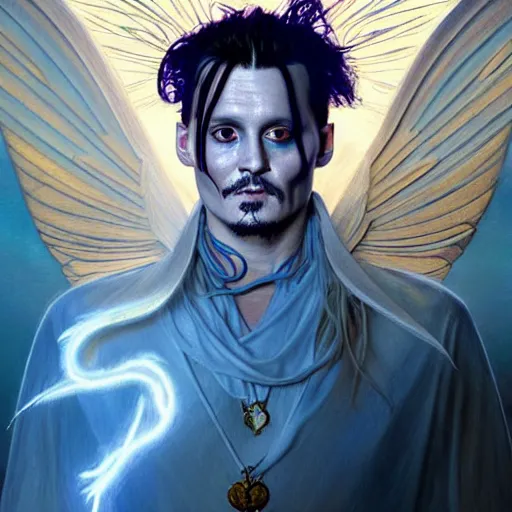 Prompt: johnny depp!! angel of battle lucius wearing a white periwinkle, sci fi, glowing eyes, volumetric lights, gold theme, art nouveau botanicals, intricate, highly detailed, digital painting, artstation, concept art, smooth, sharp focus, cinematic, illustration, beautiful face, art by artgerm and greg rutkowski and alphonse mucha