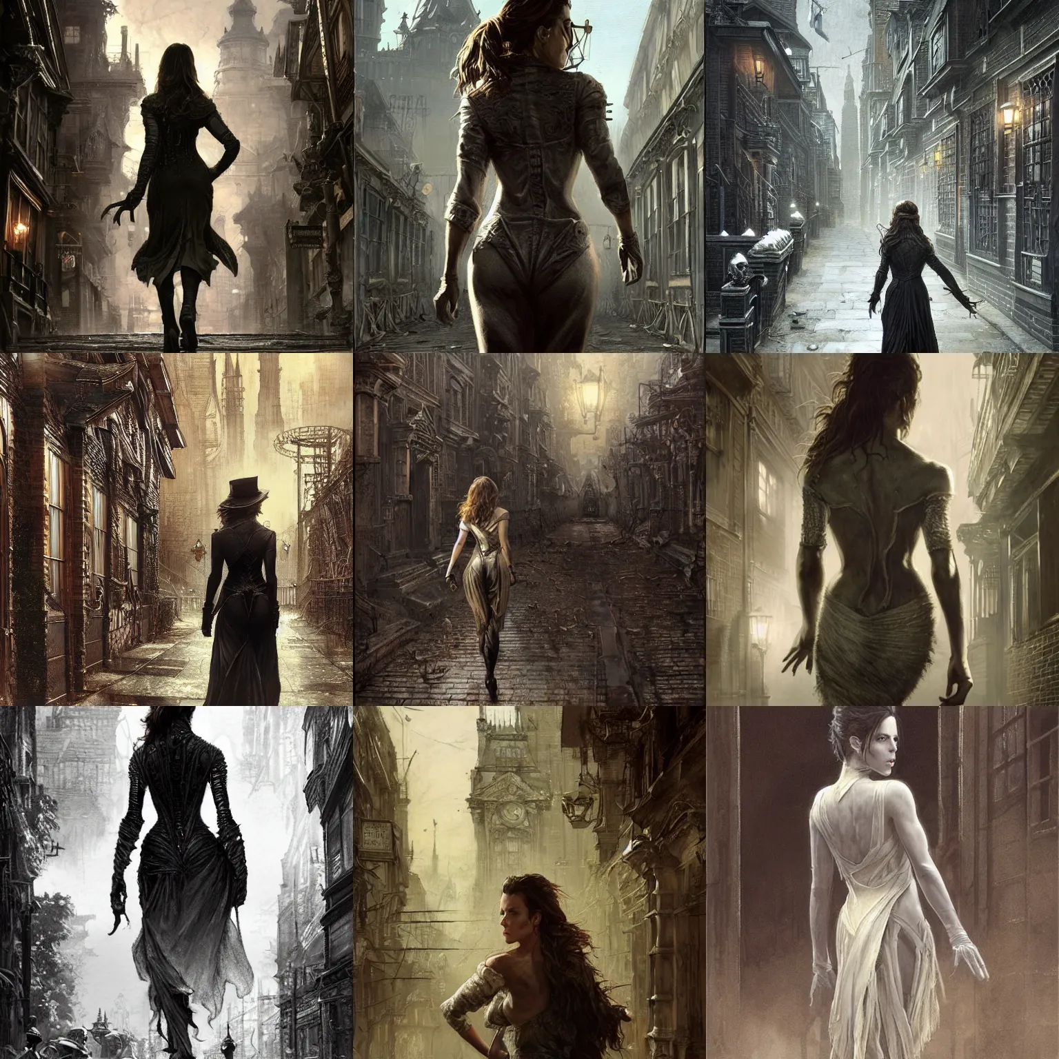 Image similar to back view of kate beckinsale as investigiator walking down street in arkham town, female, detailed face, gorgeous, amazing, new england architecture, 1 9 2 0 style, intricate, highly detailed, musculine, lovecraft illustration, painting by gaston bussiere, craig mullins