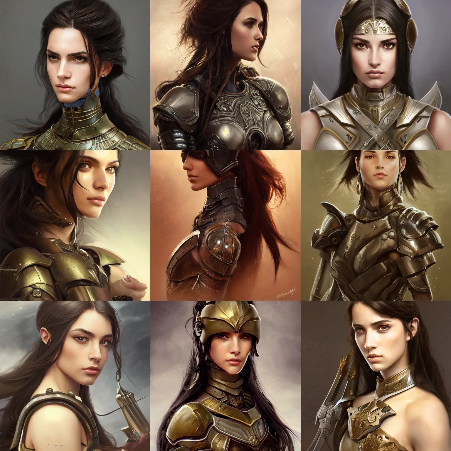 Image similar to a portrait of an attractive young woman, clothed in battle armor, olive skin, long dark hair, beautiful bone structure, symmetrical facial features, intricate, elegant, highly detailed, digital painting, trending on Artstation, concept art, smooth, sharp focus, illustration, in the style of artgerm and greg rutkowski and alphonse mucha