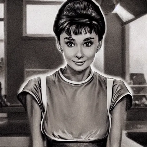 Image similar to Audrey Hepburn as a fry cook, high resolution fantasy concept art, intricate details, soft lighting