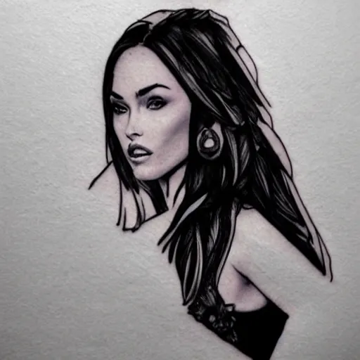 Image similar to realism tattoo sketch of double exposure megan fox with beautiful mountain scenery, in the style of andrey lukovnikov