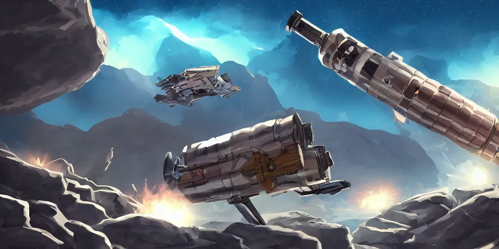 Image similar to marketing game illustration, a space craft run into the rocks canyon very fast in the style of Blizzard