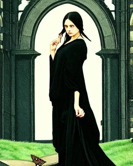 Image similar to style of edmund leighton : : gorgeous willa holland : : evil witch, swirling black magic, black dress : : symmetrical face, symmetrical eyes : : full body pose : : gorgeous black hair : : magic lighting, low spacial lighting : :