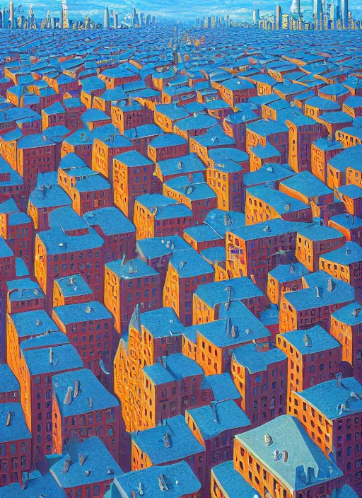 Prompt: a hundred rooftops stretch across a crowded skyline in relentless melt, vintage shapes, retro technology, happy colors. rob gonsalves, oil on canvas, deep depth field, masterpiece, cinematic composition, hyperdetailed