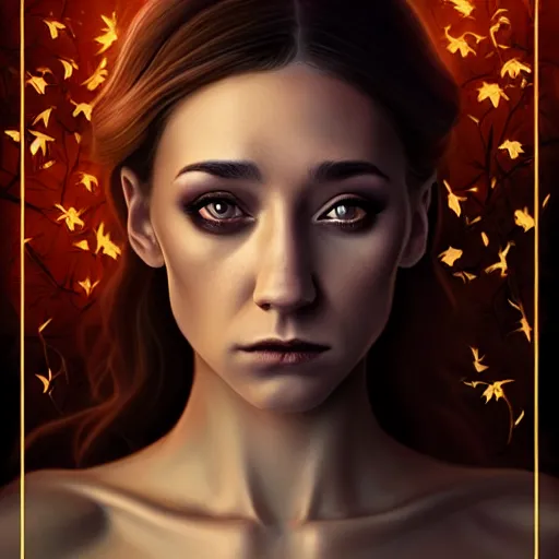 Image similar to gorgeous female stella maeve magician, realistic character concept, medium shot, elegant pose, spooky, illustration, symmetrical face and body, realistic symmetrical eyes, artstation, cinematic lighting, detailed realistic symmetrical eyes, cgsociety, 8 k, charlie bowater, tom bagshaw, single face, insanely detailed and intricate elegant, autumn leaves