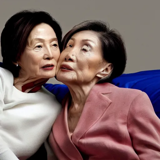 Prompt: An ultradetailed picture of Tsai Ing-wen and Nancy Pelosi lying in bed, kissing, by Michelangelo, 4k