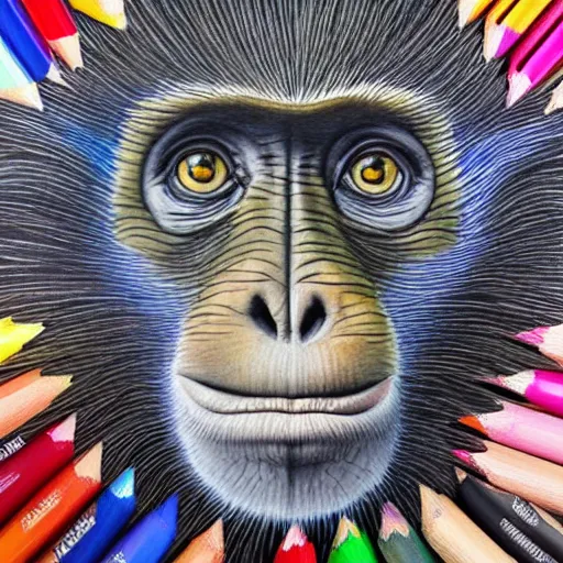 Prompt: Colored pencil art on paper, Monkey, highly detailed, artstation, MasterPiece, Award-Winning, Caran d'Ache Luminance