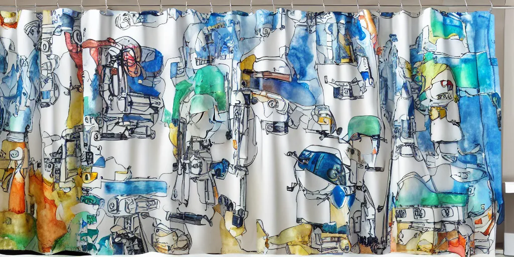 Prompt: shower curtain product catalog. wide - angle photo. on the curtain is a watercolor. the water color has ink under drawing of a mecha streisand ( south park ). wide - angle product photography of a shower curtain, product lighting. 4 k, highly detailed. saturated.