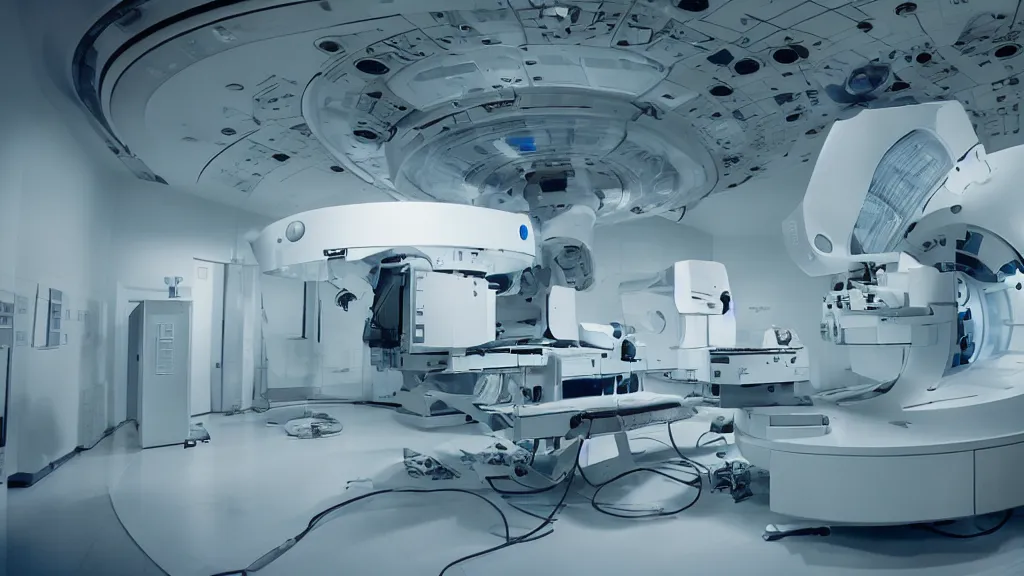 Image similar to a huge mri machine and control panels in the inspection room, film still from the movie directed by denis villeneuve with art direction by salvador dali, wide lens