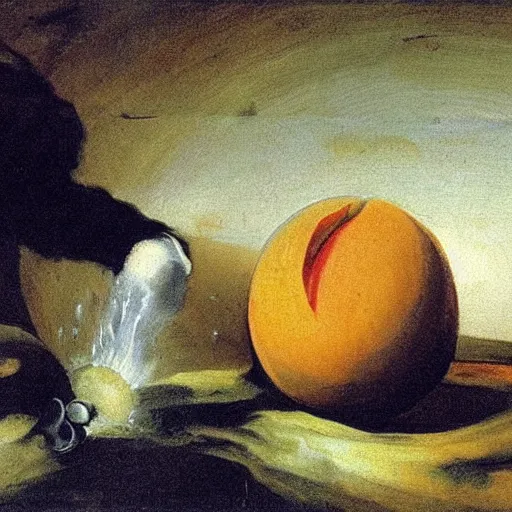 Prompt: saturn devouring a peach painting by francisco goya