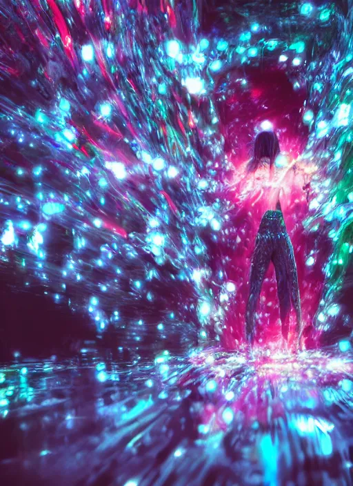 Prompt: cinematic shot epic group happy humans, hyper realistic, mood lighting, fantasy, detailed flow of beautiful digital images, floating graphics, dripping light drops, supercomputers text to images, beautiful graphics, highly detailed, super realistic, perfect lighting pixel sorting, style sheet
