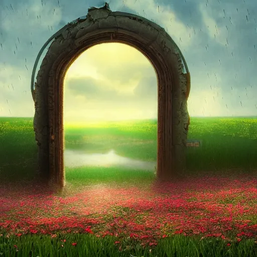 Image similar to a doorway floating in mid air at a field of flowers. puzzle pieces rain from the sky, gothic art, featured in artstation.