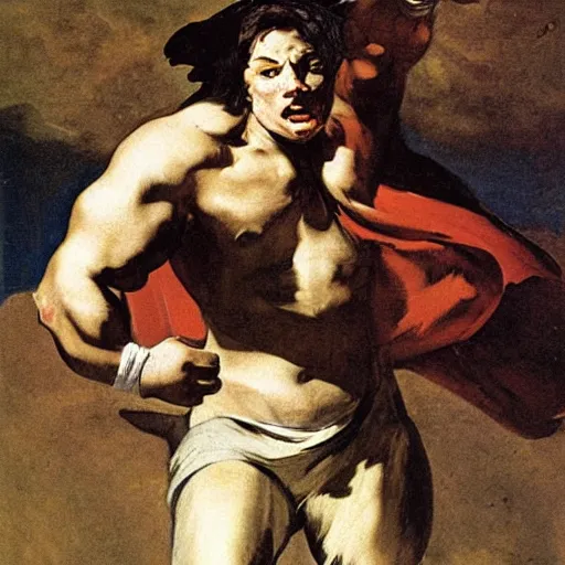 Image similar to inspiring superhero. tough guy big fist. cool colorscheme illustrated by goya goya,,,,,,, by artemisia gentileschi, by theodore gericault,