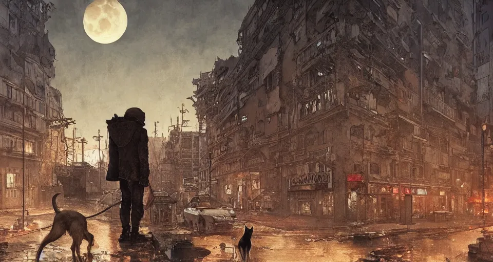 Prompt: a detailed illustration of a lonely sad dog against the background of a ravaged city and a red moon, artstation, by Norman Rockwell, Art Nouveau, sophisticated, Unreal engine, dystopia, anti-utopia, post processing, nostalgic melancholic artwork, intricate