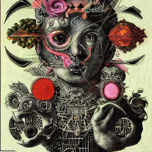 Image similar to post - punk new age album cover, asymmetrical design, dollar bank notes, capitalism, magic, apocalypse, psychedelic, black white pink, magic, giger h. r., giuseppe arcimboldo