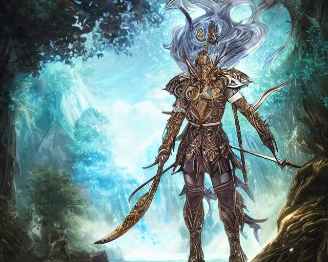 Prompt: an anime landscape of a knightly merfolk from magic the gathering wearing a ornate detailed armor garments and an atlantean crown, in a mystical forest from skyrim, by stanley artgerm lau, wlop, rossdraws, james jean, andrei riabovitchev, marc simonetti, and sakimichan, trending on artstation