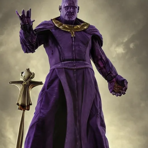 Image similar to pope thanos, purple skin, josh brolin, clerical clothes, full body shot, realistic, highly detailed