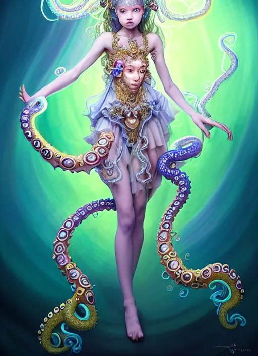 Image similar to A full body shot of a cute young magical girl wearing an ornate dress made of opals and tentacles. Monster GIrl. Subsurface Scattering. Dynamic Pose. Translucent Skin. Rainbow palette. defined facial features, symmetrical facial features. Opalescent surface. Soft Lighting. beautiful lighting. By Giger and Ruan Jia and Artgerm and WLOP and William-Adolphe Bouguereau. Photo real. Hyper-real. Photorealism. Fantasy Illustration. Sailor Moon hair. Masterpiece. trending on artstation, featured on pixiv, award winning, cinematic composition, dramatic pose, sharp, details, Hyper-detailed, HD, HDR, 4K, 8K.