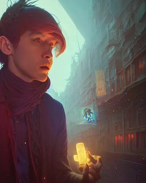 Image similar to highly detailed surreal vfx portrait of a nowpunk sorcerer stephen bliss, unreal engine, greg rutkowski, loish, rhads, beeple, makoto shinkai and lois van baarle, ilya kuvshinov, rossdraws, tom bagshaw, alphonse mucha, global illumination, detailed and intricate environment