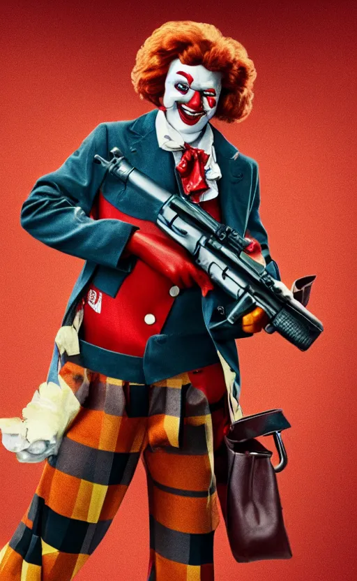 Image similar to a incredible photo of ronald mcdonald robbing a bank with a gun. award winning. very high quality. hq. hd.