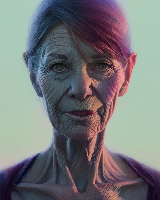 Image similar to highly detailed vfx portrait of, woman getting progressively older muscular by stephen bliss, chalk, unrealengine, greg rutkowski, loish, rhads, beeple, chalk, makoto shinkai and lois van baarle, ilya kuvshinov, rossdraws, tom bagshaw, basil gogos