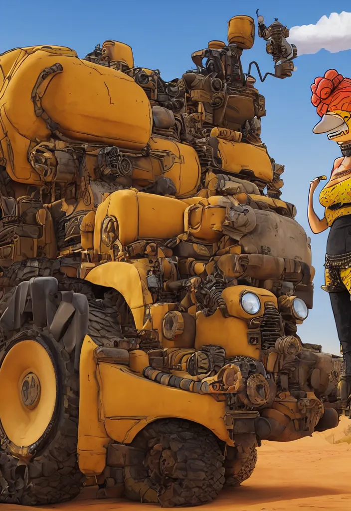 Image similar to Lisa Simpson portrait next to Fury Road War Rig vehicle with desert background, borderlands 4k render