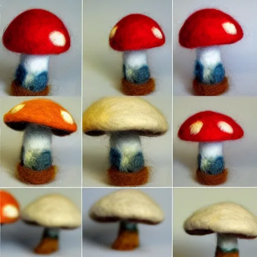 Prompt: a needle felted super mushroom power up, needle felting art.