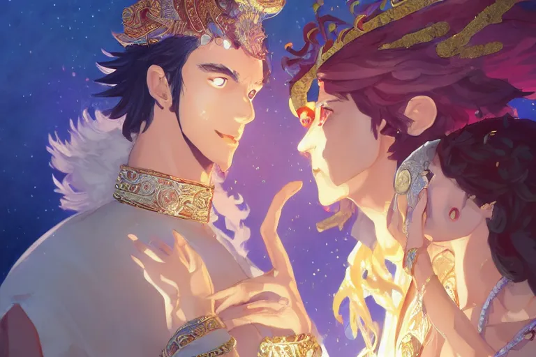 Image similar to close up moment of a divine a sun god and a moon goddess lovers magician at a wedding banquet, highly detailed, d & d, fantasy, 4 k realistic, digital painting, trending on artstation, concept art, sharp focus, illustration, art by makoto shinkai and akihiko yoshida and daniel gerhartz