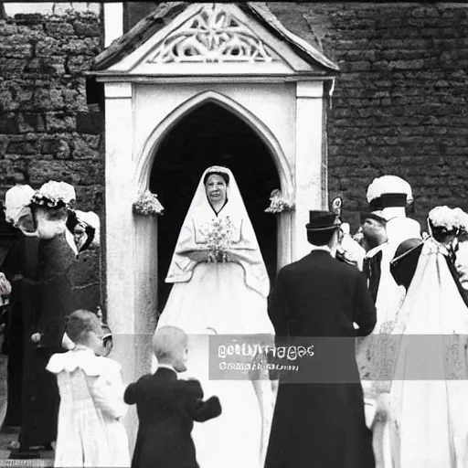 Prompt: The Empress was smiling and waving to the spectators as they waited outside the church in this extreme wide shot, black and white Russian and Japanese combination historical fantasy photographic image of a Royal wedding taken in 1907 by the event's official photographer.