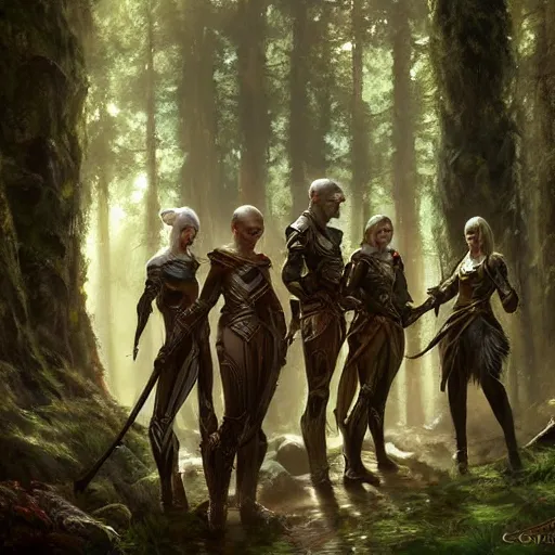 Image similar to elves with armors foot soldiers in rivendel forest city, epic masterpiece of cinematographic hyperrealism, realistic shaded lighting poster by craig mallismo, artgerm, jeremy lipkin and michael garmash, unreal engine, radiant light, detailed and intricate environment, digital art, art station trends