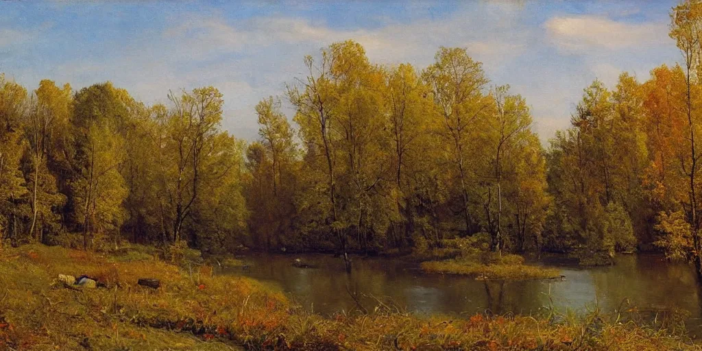 Prompt: winter, summer and autumn landscape, lush field, forest, river, matte painting, by Isaac Levitan and Vasily Perov