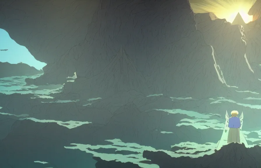 Image similar to a cell - shaded cartoon from howl's moving castle ( 2 0 0 4 ) showing several pyramids underwater at the bottom of the sea. shafts of sunlight come from above. wide shot, very dull muted colors, hd, 4 k, hq