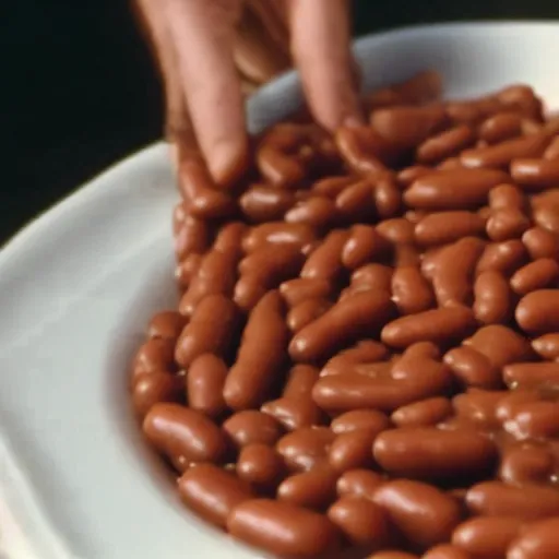 Prompt: film still of a human made of baked beans