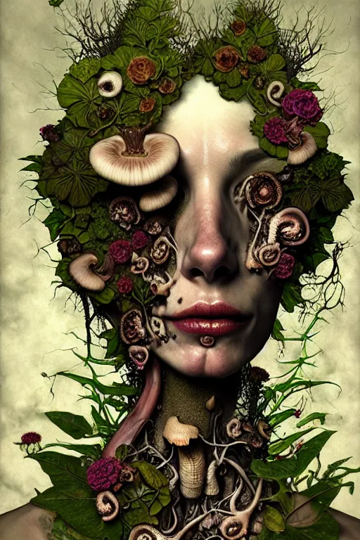 Image similar to very sad and detailed rotten woman corpse with fractal plants and fractal flowers and mushrooms growing around, face muscles, veins, arteries, intricate, ornate, surreal, ray caesar, john constable, guy denning, dan hillier