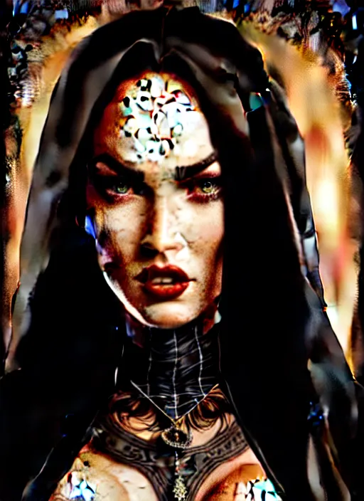 Prompt: megan fox witch queen, black eyes, blood, full body, intricate victorian dress, middle shot, cinematic lighting, studio quality, symmetrical eyes, caravaggio, artgerm, joshua middleton, rafael albuquerque, moody lighting, candles