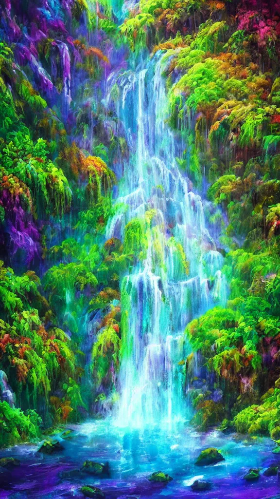 Image similar to high quality psychedelic waterfall background, painted with oil paints, hypperrealism, hd 4 k artstation