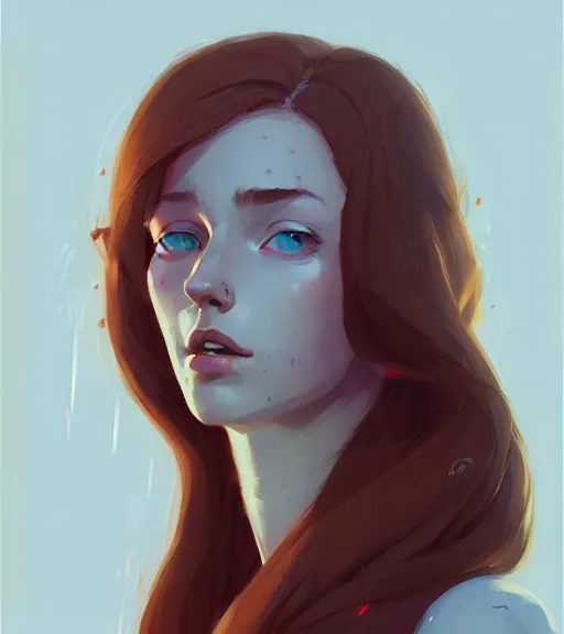 Image similar to realistic female portrait with long red hair, by atey ghailan, by greg rutkowski, by greg tocchini, by james gilleard, by joe fenton, by kaethe butcher, dynamic lighting, gradient light blue, brown, blonde cream and white color scheme, grunge aesthetic