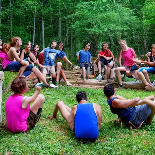 Image similar to a summer camp for adults filled with intellectualism, outdoor activities, and deep social connection, 4k